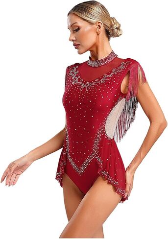 Women's Latin Dance Bodysuits Tango Tassel Skirted Bodysuit Dancewear Rhinestone Fringed Leotard Samba Dancing Costume For Dance and Performance(Blue,L) in Saudi Arabia