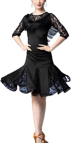 Women Dance Clothes Salsa Samba Wear Long Sleeves 2 Pieces Fringes Latin Dresses Top and Short Skirt for Dance and Performance(Black Design 2,XL) in Saudi Arabia