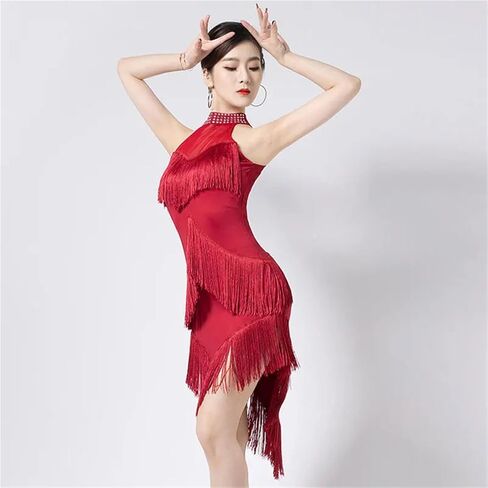 Tassel Latin Dance Wear For Women Latin Dresses Fringes Ballroom Dance Costumes Salsa Samba Dancewear For Dance and Performance(Red,L) in Saudi Arabia