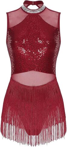 Women Sequins Fringed Latin Dance Costume Sleeveless Flowy Tassel Leotard Dress for Tango Cha-Cha Samba Dancewear Jumpsuit for Dance and Performance(Burgundy,L) in Saudi Arabia