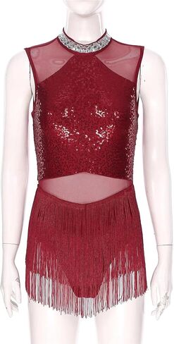 Women Sequins Fringed Latin Dance Costume Sleeveless Flowy Tassel Leotard Dress for Tango Cha-Cha Samba Dancewear Jumpsuit for Dance and Performance(Burgundy,L) in Saudi Arabia
