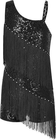 Sequins Latin Dance Dress For Girls Sleeveless Fringe Tassel Modern Ballroom Tango Rumba Salsa Professional Dancewear For Dance and Performance(1-Black,6) in Saudi Arabia