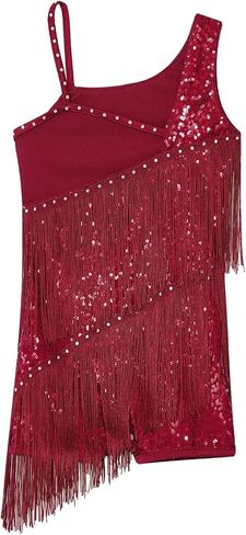 Sequins Latin Dance Dress For Girls Sleeveless Fringe Tassel Modern Ballroom Tango Rumba Salsa Professional Dancewear For Dance and Performance(1-Black,6) in Saudi Arabia