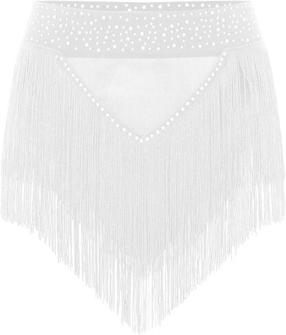 Womens Shiny Rhinestone Tassel Fringe Dance Skirt Ballroom Latin Salsa Tango Samba Rumba Dancing Performance Costume for Dance and Performance(White,XXL) in Saudi Arabia