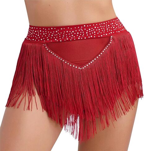 Womens Shiny Rhinestone Tassel Fringe Dance Skirt Ballroom Latin Salsa Tango Samba Rumba Dancing Performance Costume for Dance and Performance(White,XXL) in Saudi Arabia