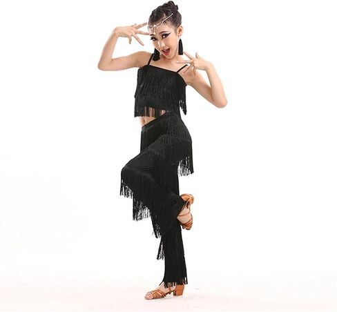 Latin Dance Costumes Ballroom Plus Size Fringe Tassel Dress Pants Girls Sequin Salsa Samba Stage Outfits Costume for Dance and Performance(Blue,150cm) in Saudi Arabia