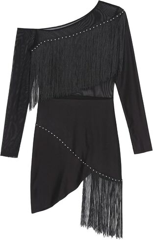 Womens Latin Tango Dance Dress Female Cha-Cha Samba Fringed Dancewear Sheer Mesh Long Sleeve Irregular Competition Dresses for Dance and Performance(Black,L) in Saudi Arabia