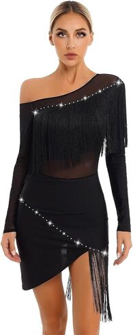 Womens Latin Tango Dance Dress Female Cha-Cha Samba Fringed Dancewear Sheer Mesh Long Sleeve Irregular Competition Dresses for Dance and Performance(Black,L) in Saudi Arabia