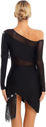 Womens Latin Tango Dance Dress Female Cha-Cha Samba Fringed Dancewear Sheer Mesh Long Sleeve Irregular Competition Dresses for Dance and Performance(Black,L) in Saudi Arabia