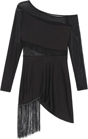 Womens Latin Tango Dance Dress Female Cha-Cha Samba Fringed Dancewear Sheer Mesh Long Sleeve Irregular Competition Dresses for Dance and Performance(Black,L) in Saudi Arabia
