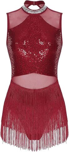 Women Sequins Fringed Latin Dance Costume Sleeveless Flowy Tassel Leotard Dress For Tango Cha-Cha Samba Dancewear Jumpsuit For Dance and Performance(Burgundy,S) in Saudi Arabia