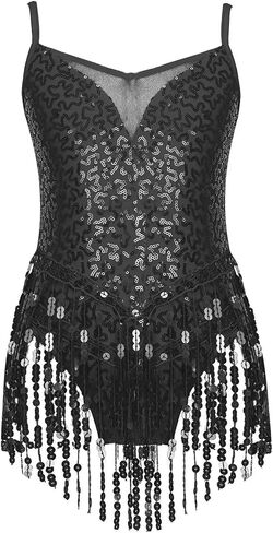 Sequins Latin Dance Dress For Girls Sleeveless Fringe Tassel Modern Ballroom Tango Rumba Salsa Professional Dancewear For Dance and Performance(Black,16) in Saudi Arabia