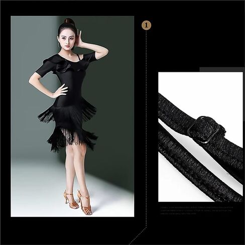 ملابس رقص للحفلات اللاتينية للنساء فستان كتف مائل فستان زي الأزياء سامبا ترتدي خطية للرقص والأداء (xxxl) أسود in Saudi Arabia