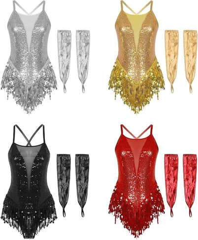 Latin Dance Outfits For Women Fringe Jumpsuit Tassel Bodysuit Cocktail Party Dress Tango Salsa Ballroom Leotard With Gloves For Dance and Performance(Black,L) in Saudi Arabia