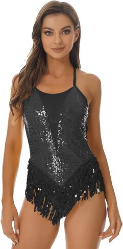 Latin Dance Outfits For Women Fringe Jumpsuit Tassel Bodysuit Cocktail Party Dress Tango Salsa Ballroom Leotard With Gloves For Dance and Performance(Black,L) in Saudi Arabia