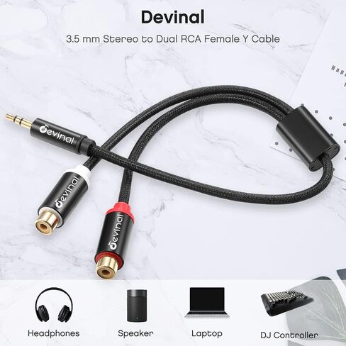 Devinal 3.5mm Female to RCA Stereo Cable, Dual RCA to Female 3.5mm AUX Auxiliary adapter Connector Plug Wire Cord Bi-Directional 12 inch 30cm (2 pack) in Kuwait
