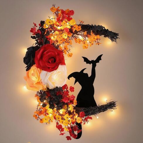 2025 Halloween Wreaths for Front Door Black Cat Halloween Door Wreath White Rose Moon Cat Grapevine Wreath Horror Deocrations Black Wreaths for Home Indoor Outdoor Window Wall Party Decor (Fall) in Saudi Arabia