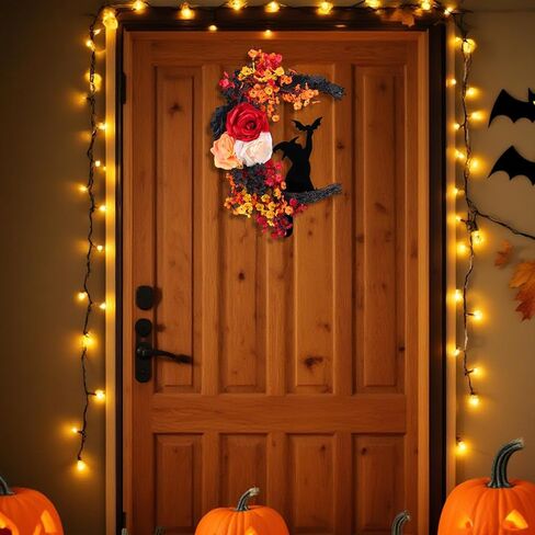 2025 Halloween Wreaths for Front Door Black Cat Halloween Door Wreath White Rose Moon Cat Grapevine Wreath Horror Deocrations Black Wreaths for Home Indoor Outdoor Window Wall Party Decor (Fall) in Saudi Arabia