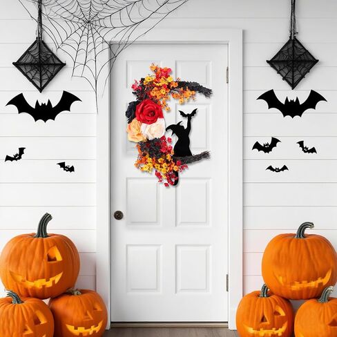 2025 Halloween Wreaths for Front Door Black Cat Halloween Door Wreath White Rose Moon Cat Grapevine Wreath Horror Deocrations Black Wreaths for Home Indoor Outdoor Window Wall Party Decor (Fall) in Saudi Arabia