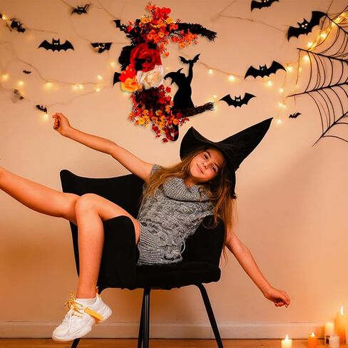 2025 Halloween Wreaths for Front Door Black Cat Halloween Door Wreath White Rose Moon Cat Grapevine Wreath Horror Deocrations Black Wreaths for Home Indoor Outdoor Window Wall Party Decor (Fall) in Saudi Arabia