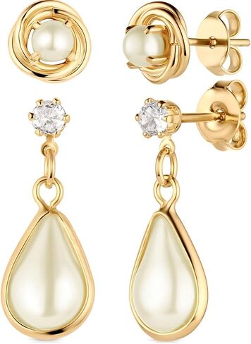 18K Gold Plated Pearl Earrings Set – Hypoallergenic, Jewelry Gift for Women, Tarnish Resistant, Teardrop Dangle with Cubic Zirconia and Knot Stud Earrings in Saudi Arabia