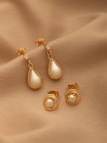 18K Gold Plated Pearl Earrings Set – Hypoallergenic, Jewelry Gift for Women, Tarnish Resistant, Teardrop Dangle with Cubic Zirconia and Knot Stud Earrings in Saudi Arabia