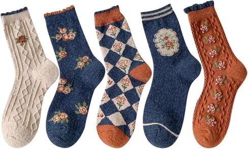 MarJunSep Wool Fall Boot Socks Women Teen Girls Thick Knit Vintage Cute Floral Hiking Winter Warm Crew Socks in Kuwait