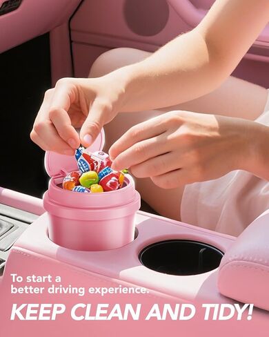 Pink Car Trash Can - Mini Leakproof Vehicle Trash Bin with Lid - Garbage Can for Car Cup Holder - Cute Passenger Princess Car Accessories - with 80 Pink Trash Bags in Kuwait