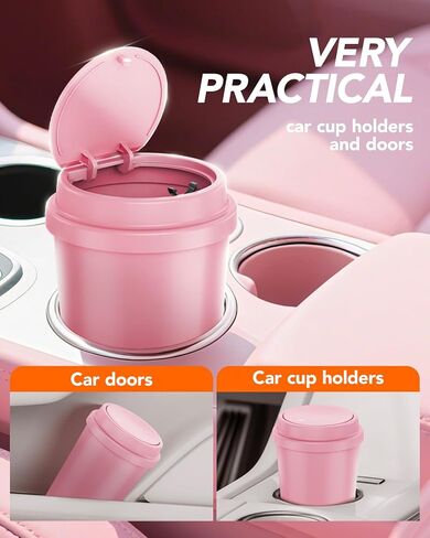 سلة المهملات الوردية - سلة مركبة مركبة مركبة مركبة مع غطاء - علبة القمامة لحامل كأس السيارة - إكسسوارات سيارة راكب الأميرة لطيفة - مع 80 أكياس القمامة الوردية in Kuwait