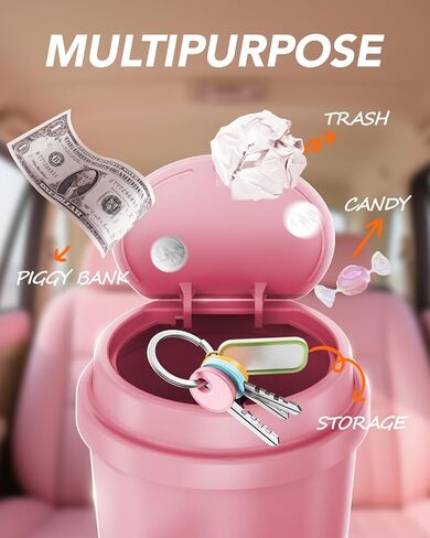 سلة المهملات الوردية - سلة مركبة مركبة مركبة مركبة مع غطاء - علبة القمامة لحامل كأس السيارة - إكسسوارات سيارة راكب الأميرة لطيفة - مع 80 أكياس القمامة الوردية in Kuwait