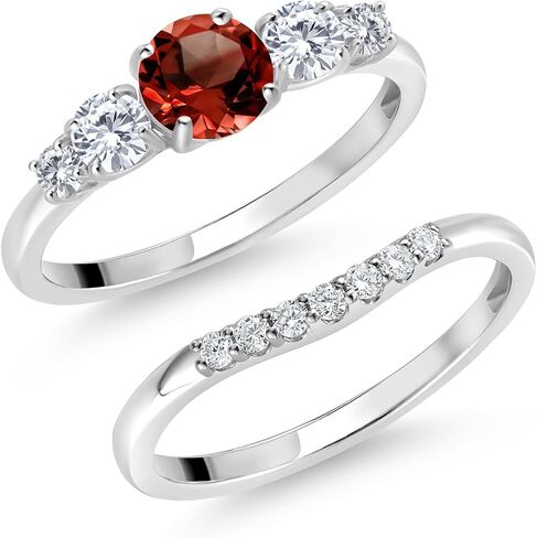 GEM Stone King 10k الذهب الأبيض العقيق الأحمر والختبر البيضاء الماس 5 خاتم الزفاف الحجرية الخاتم للنساء (1.31 CTTW ، الجولة: 5 مم و 3 مم ، متوفر بحجم 5،6،7،8،9) in Saudi Arabia