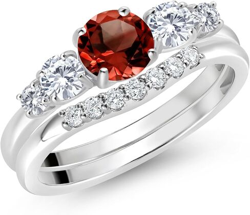 GEM Stone King 10k الذهب الأبيض العقيق الأحمر والختبر البيضاء الماس 5 خاتم الزفاف الحجرية الخاتم للنساء (1.31 CTTW ، الجولة: 5 مم و 3 مم ، متوفر بحجم 5،6،7،8،9) in Saudi Arabia