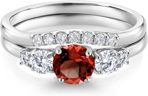 GEM Stone King 10k الذهب الأبيض العقيق الأحمر والختبر البيضاء الماس 5 خاتم الزفاف الحجرية الخاتم للنساء (1.31 CTTW ، الجولة: 5 مم و 3 مم ، متوفر بحجم 5،6،7،8،9) in Saudi Arabia