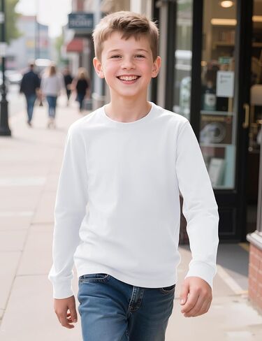 Auranso Boys Long Sleeve Shirts Crewneck Cotton Kids T-Shirts Solid Color Basic Tee Tops in Saudi Arabia