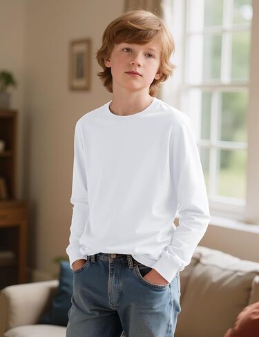 Auranso Boys Long Sleeve Shirts Crewneck Cotton Kids T-Shirts Solid Color Basic Tee Tops in Saudi Arabia