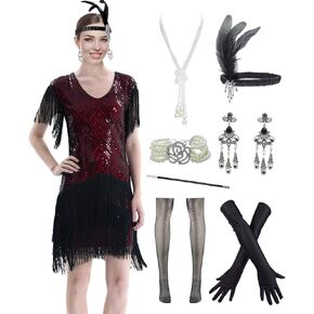 LELOVEFU 1920s Art Deco Fringed Sequin Dress 20s Flapper Gatsby Costume Dress w/ 20s Accessories Set … in Kuwait