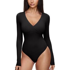 REORIA Womens Sexy Deep V Neck Bodysuit Cross Wrap Bodysuit Long Sleeve Double Lined Top Going Out Outfits in Kuwait