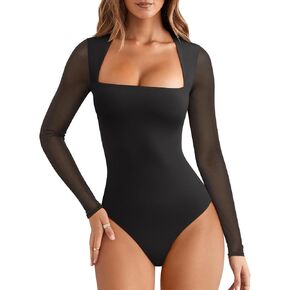 PINKMSTYLE Womens Square Neck Mesh Long Sleeve Bodysuit Going Out Tops Date Night Outfit 2025 in Kuwait
