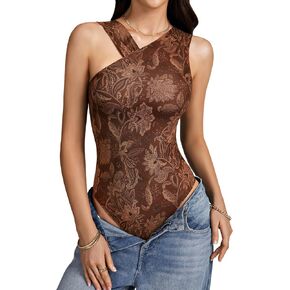 Rooscier Women's Print Mesh Asymmetrical Neck Going Out Sexy Bodysuit Top Leotard in Saudi Arabia
