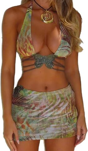 Womens Sexy Skirt Outfits Camisole Backless Butterfly Lace Up Top Mini Skirts Sexy Club Skirt Outfits in Saudi Arabia