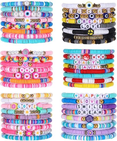 48 PCS Preppy Friendship Bracelets Bracelets ، أساور قابلة للتكديس للنساء ، مجموعة سوار مرنة مرنة الطين ، هدية سوار مجوهرات بوهو السائبة للنساء الحفلات (Multicolor) in Kuwait