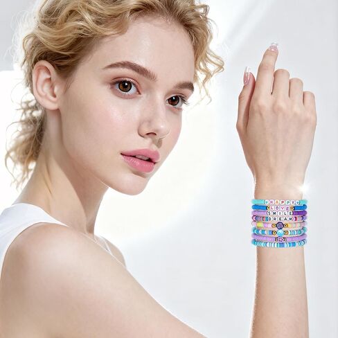 48 PCS Preppy Friendship Bracelets Bracelets ، أساور قابلة للتكديس للنساء ، مجموعة سوار مرنة مرنة الطين ، هدية سوار مجوهرات بوهو السائبة للنساء الحفلات (Multicolor) in Kuwait