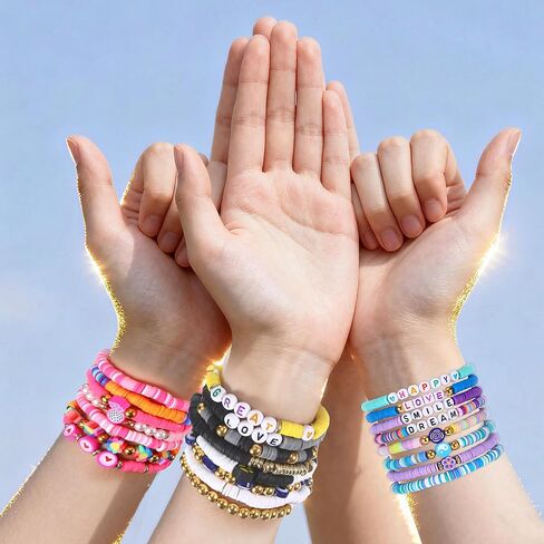 48 PCS Preppy Friendship Bracelets Bracelets ، أساور قابلة للتكديس للنساء ، مجموعة سوار مرنة مرنة الطين ، هدية سوار مجوهرات بوهو السائبة للنساء الحفلات (Multicolor) in Kuwait