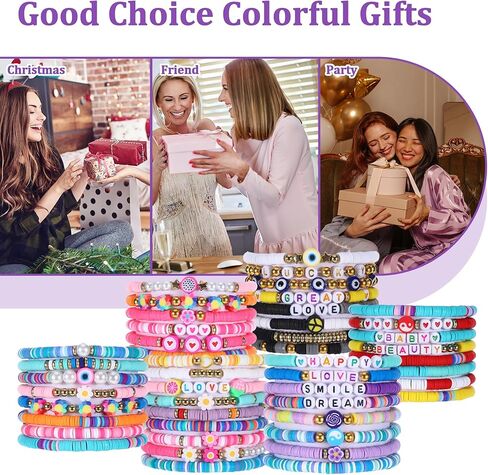48 PCS Preppy Friendship Bracelets Bracelets ، أساور قابلة للتكديس للنساء ، مجموعة سوار مرنة مرنة الطين ، هدية سوار مجوهرات بوهو السائبة للنساء الحفلات (Multicolor) in Kuwait