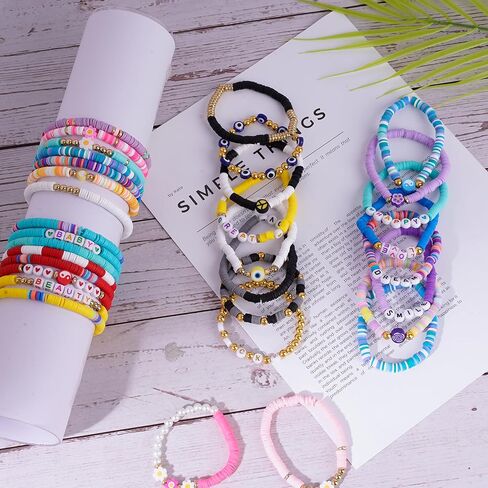 48 PCS Preppy Friendship Bracelets Bracelets ، أساور قابلة للتكديس للنساء ، مجموعة سوار مرنة مرنة الطين ، هدية سوار مجوهرات بوهو السائبة للنساء الحفلات (Multicolor) in Kuwait