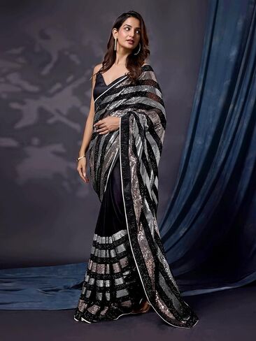 TRENDMALLS Silk Heavy Sequence Work Saree With Unstitch Blouse Piece For Women in Saudi Arabia