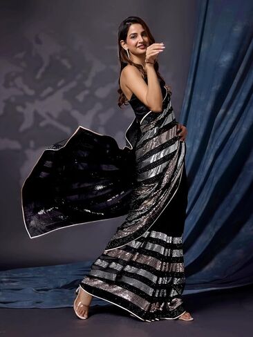 TRENDMALLS Silk Heavy Sequence Work Saree With Unstitch Blouse Piece For Women in Saudi Arabia
