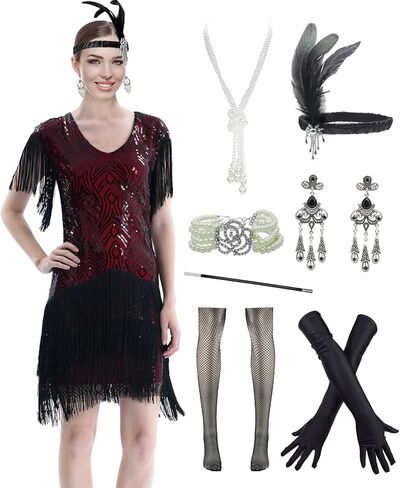 LELOVEFU 1920s Art Deco Fringed Sequin Dress 20s Flapper Gatsby Costume Dress w/ 20s Accessories Set … in Kuwait