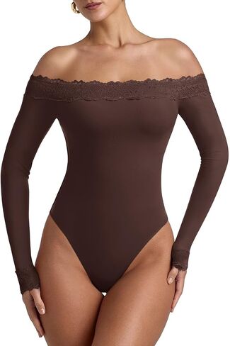 REORIA Women's Sexy Off The Shoulder Long Sleeve Bodysuit Lace Body Suits Going Out Tops Fall Outfit 2025 in Saudi Arabia