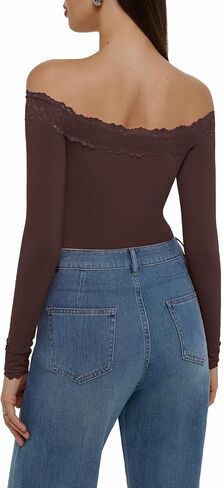 REORIA Women's Sexy Off The Shoulder Long Sleeve Bodysuit Lace Body Suits Going Out Tops Fall Outfit 2025 in Saudi Arabia